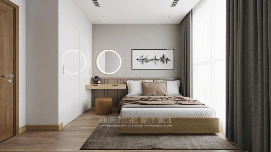 Vén màn không gian phòng ngủ với mẫu giường ngủ gỗ công nghiệp